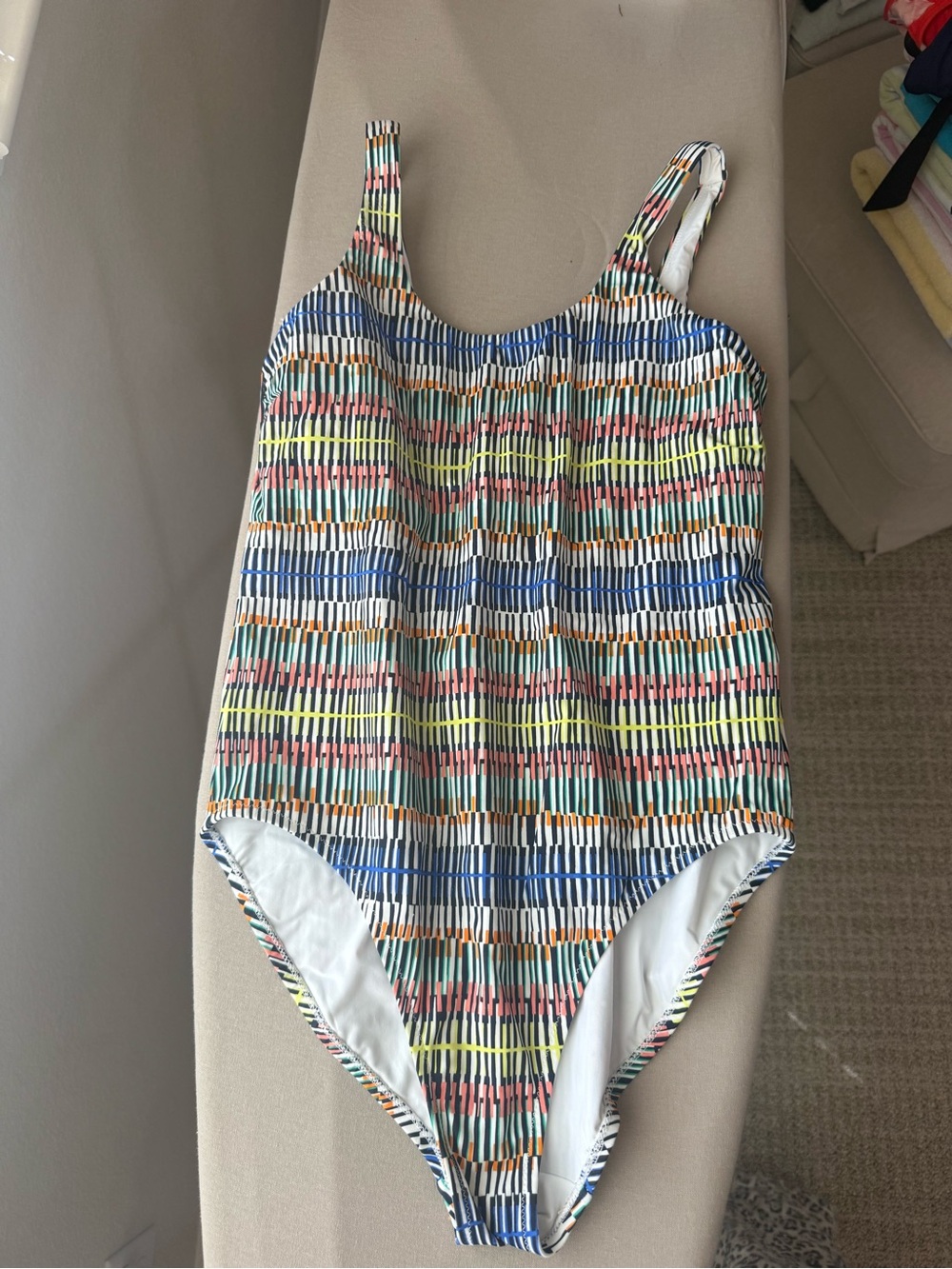Athleta Multicolor Striped One-Piece Swimsuit in Blue, Yellow, Pink and Orange